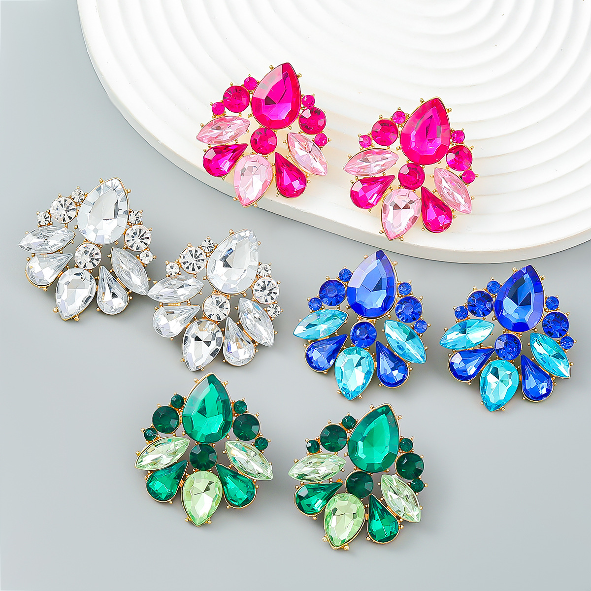 2022earrings時尚彩鑽合金鑲鑽幾何滿鑽耳環歐美派對耳釘跨境新款