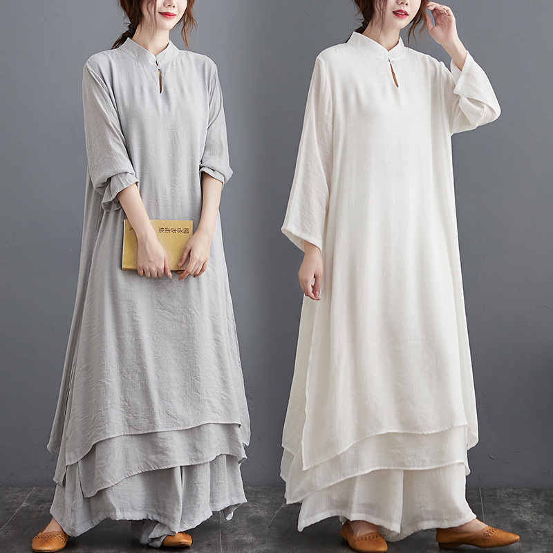 Foreign trade plus size spring original Chinese medium and long version artistic yoga clothes tea clothes Zen dance clothes suit women's artistic two-piece suit