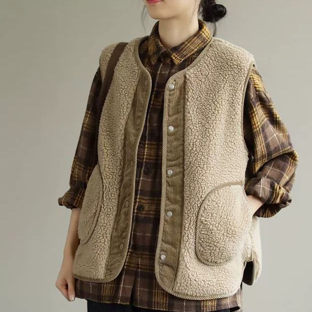 Gilet in pelliccia di agnello bifacciale per donna autunno e inverno Nuovo gilet retrò artistico ampio in velluto a coste cappotto positivo e negativo cappotto imbottito in cotone_voghion.com