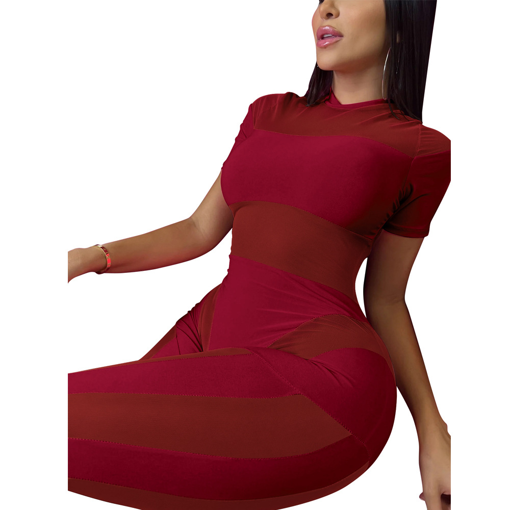 Cross-Border women's clothing AliExpress Amazon Europe and the United States new mid-collar sexy perspective mesh stitching jumpsuit women