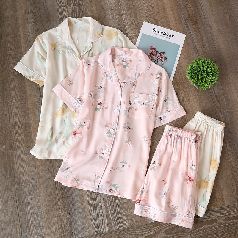 Korean-style Cotton Silk Pajamas Women's Summer Short-sleeved Shorts Cotton Silk Home Clothes Artificial Cotton Suit Two-piece Thin Sweet Thin