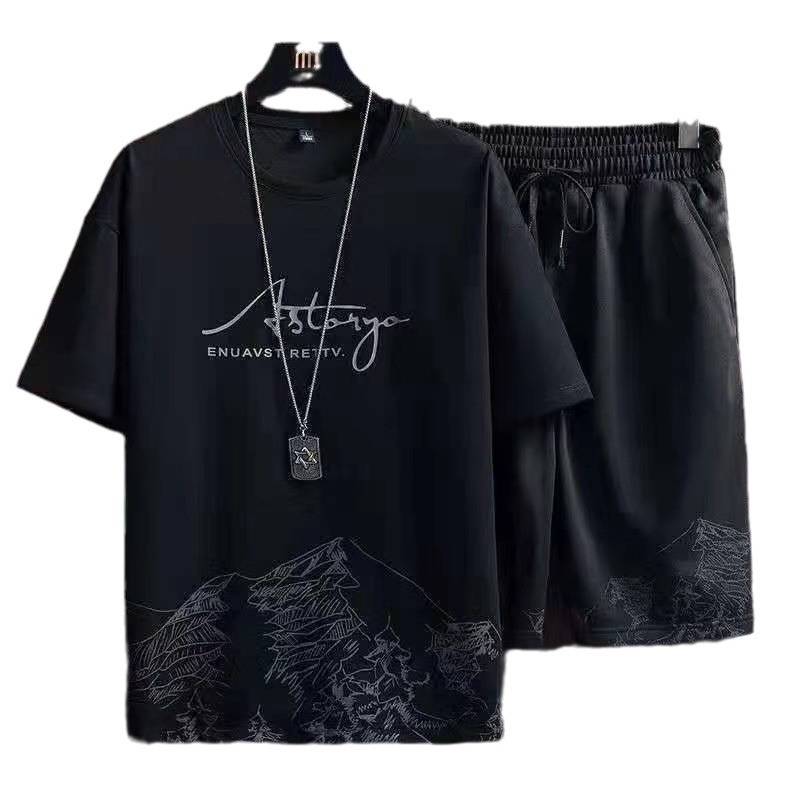 Summer new casual fashion suit men and teenagers snow mountain trend loose short sleeve shorts two pieces sports suit