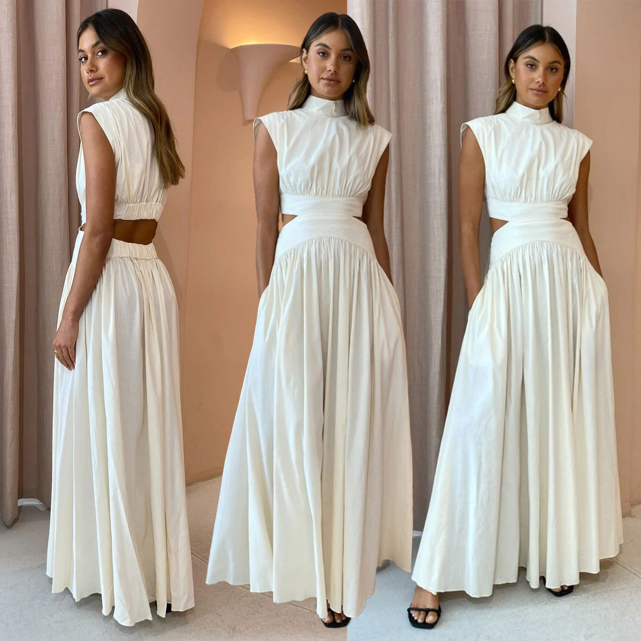 23 years of foreign trade new resort wind solid waist waist waist waist open fold large skirt dress 23003-1