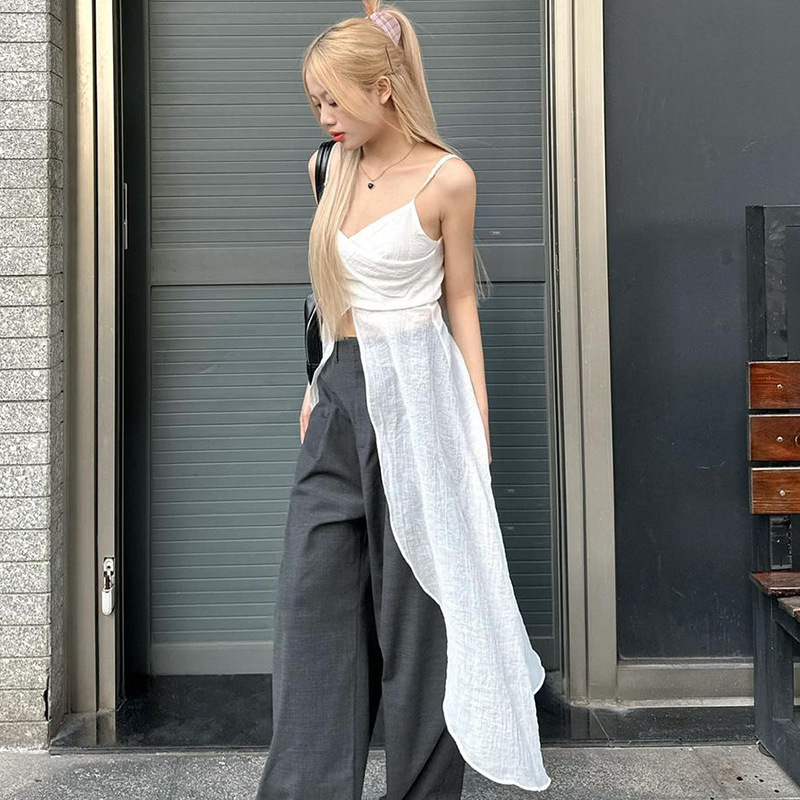2023 Beach Vacation Texture Fabric Crossover V-Neck Sleeveless Top Hot Girl Personalized Ribbon Sling Top Summer