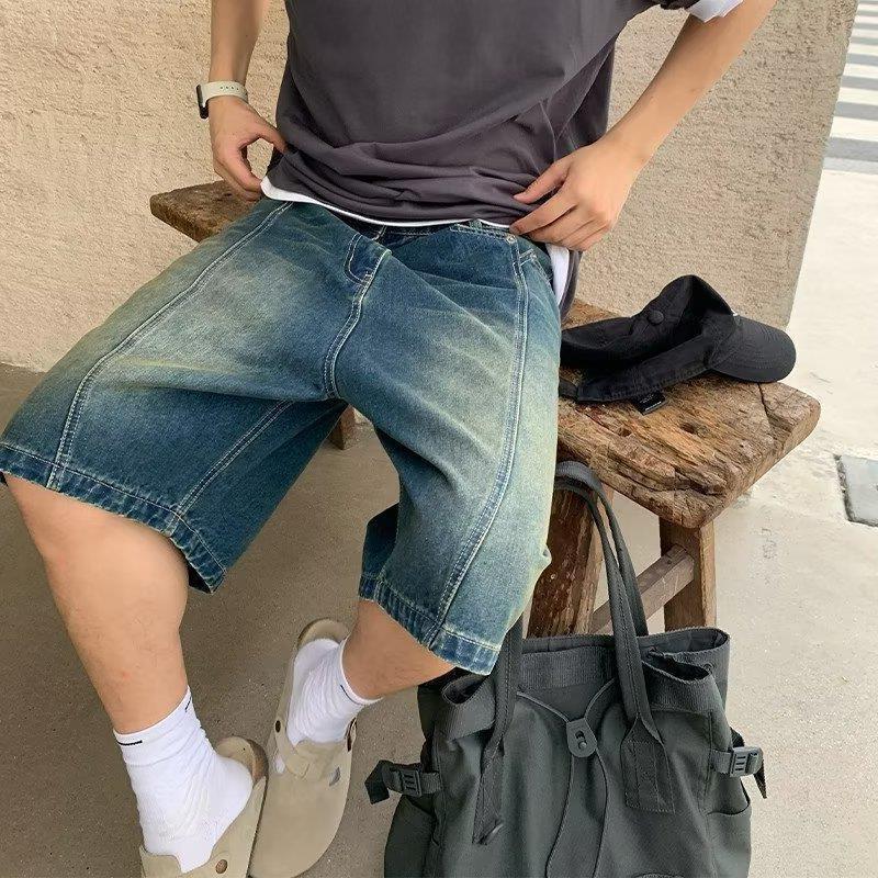 Trendy Brand American vibe Vintage Washed Distressed Denim Shorts Men's High Street Design Sense Loose Straight Half Pants