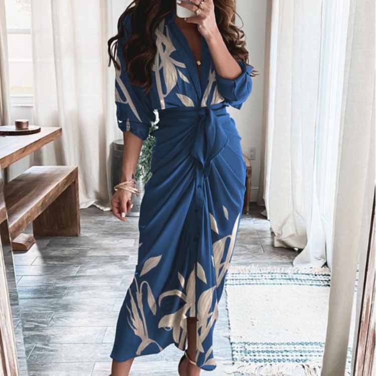 2025 Spring European and American Women's Foreign Trade New Elegant Sexy Printed V-Neck Pleated Irregular Strap dress