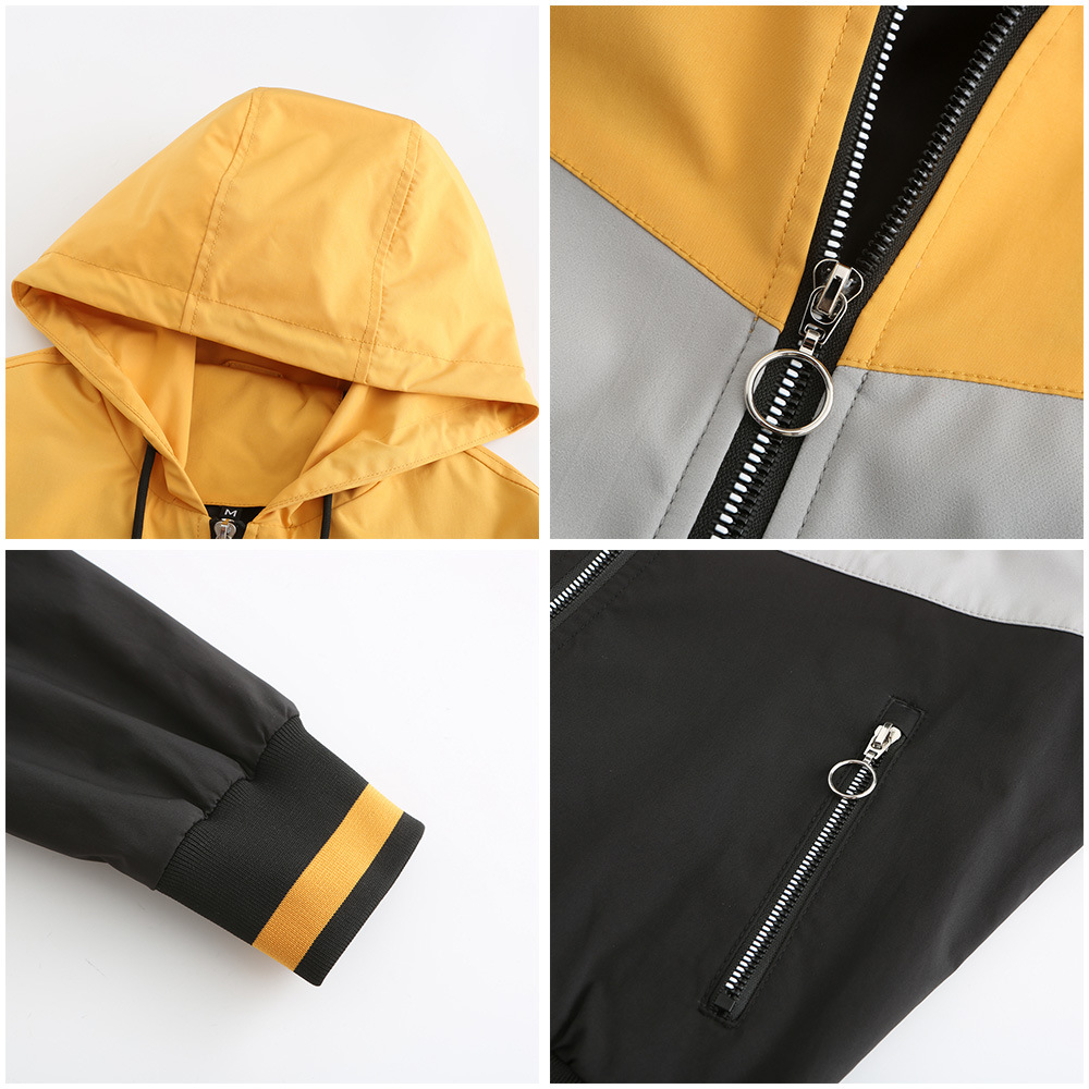 Women's Thin Windbreaker Women's Spring and Autumn Hooded Jacket Women's Outdoor Raincoat Color Matching Pull Rope Jacket_voghion.com