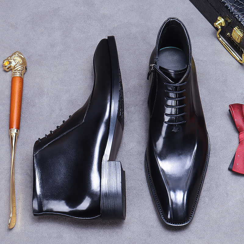 Kožené boty Velkoobchodní továrna Britské martinské boty Pravá kůže Módní společenské boty Špičatá špička Zip Vysoké kožené boty Kotníkové boty_voghion.com