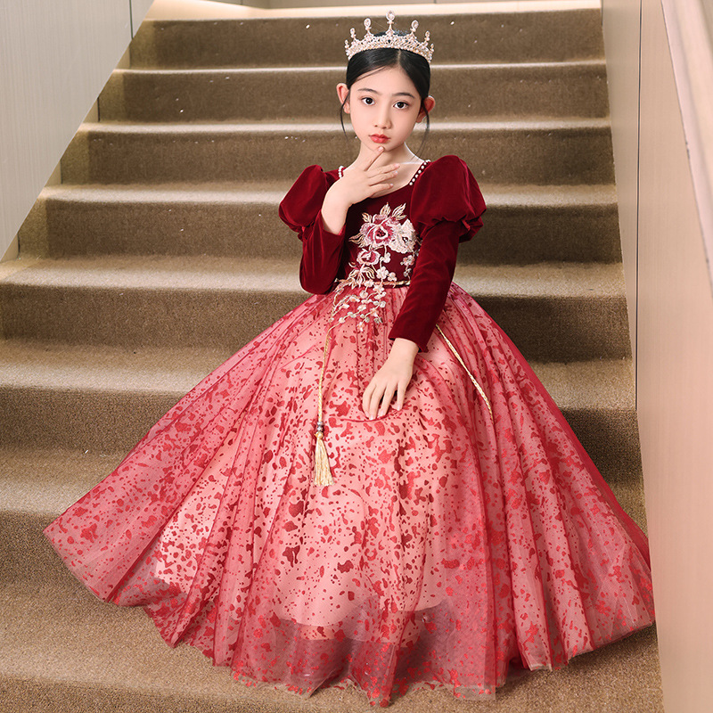 Girls' velvet evening dress host dress Princess dress autumn violin performance dress piano performance dress