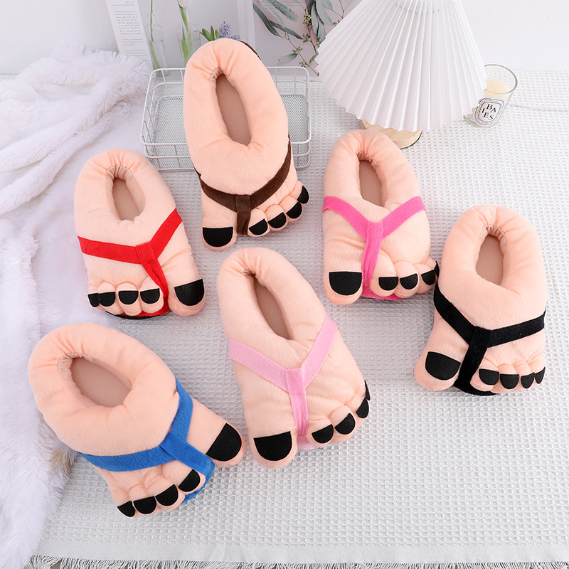 Spot creative cute funny big feet cotton slippers women's autumn and winter lovers men's spoof indoor warm personality_voghion.com