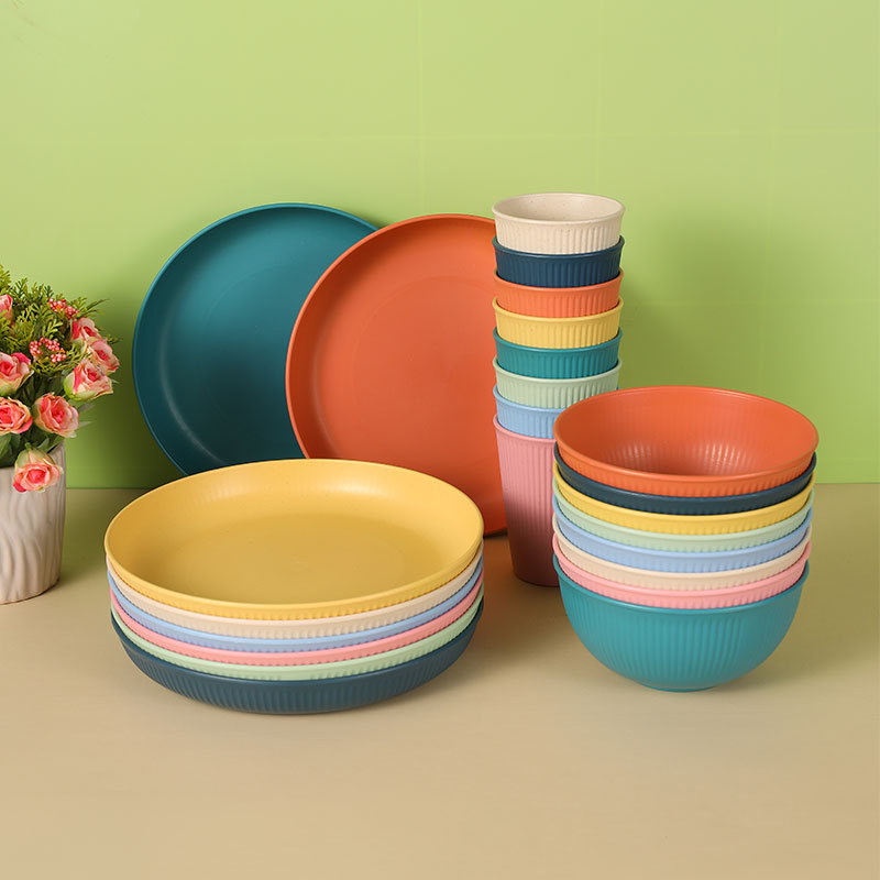 Cross-border supply wheat straw Bowl plate Cup vertical pattern household meal Bowl plate water Cup tableware gift suit