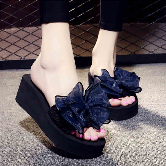 Summer Slippers Women's Bow Slippers High Heel Slippers Fashion Wedge Thick Sole Seaside Beach Shoes