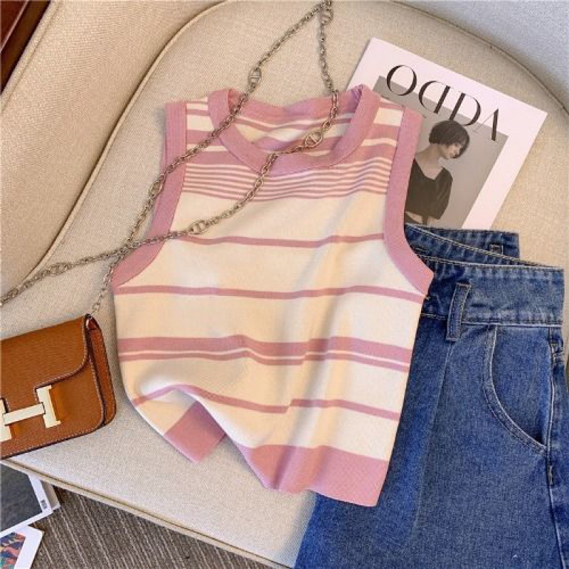 French Sweet Spice Striped Sleeveless Ice Silk Knit Women's 2024 Summer New Short Casual Vest Top for Women