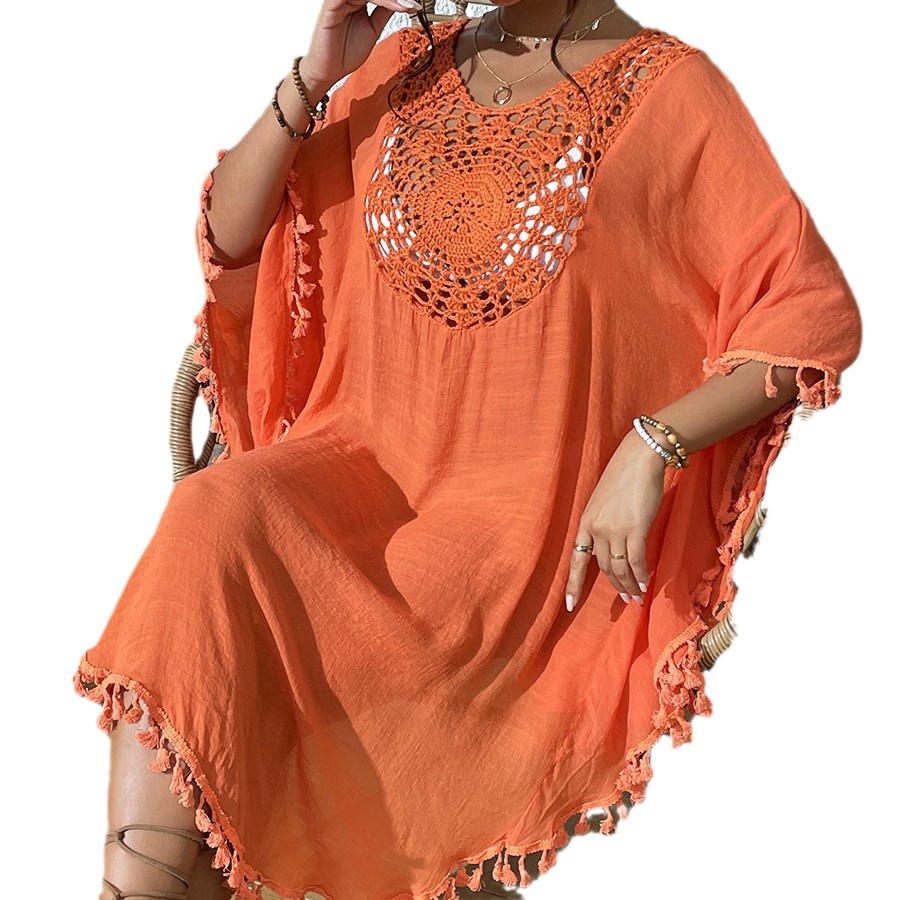 Beach Dress Cross-border 2024 New Amazon Beach Blouse Crochet Stitching Tassel Swimsuit Bikini Outer