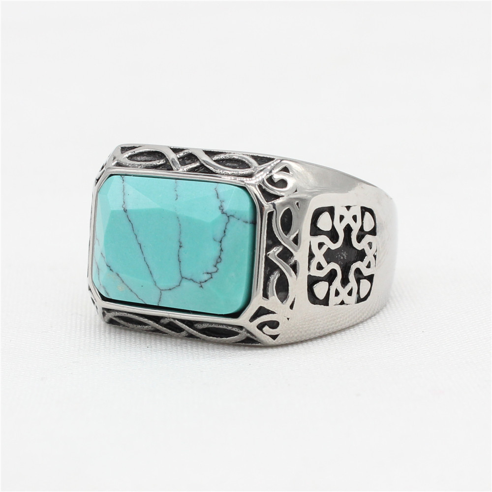 R0629-NK01 外贸饰品批发 个性复古欧美风朋克绿宝石男士钛钢戒指