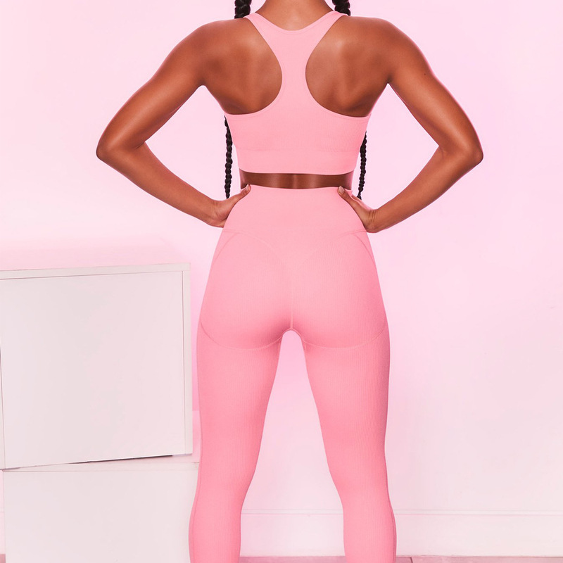 アマゾンの新型鶏心襟ヨガ服女性セット高腰ヨガパンツねじシームレスブラジャートレーニング服|undefined