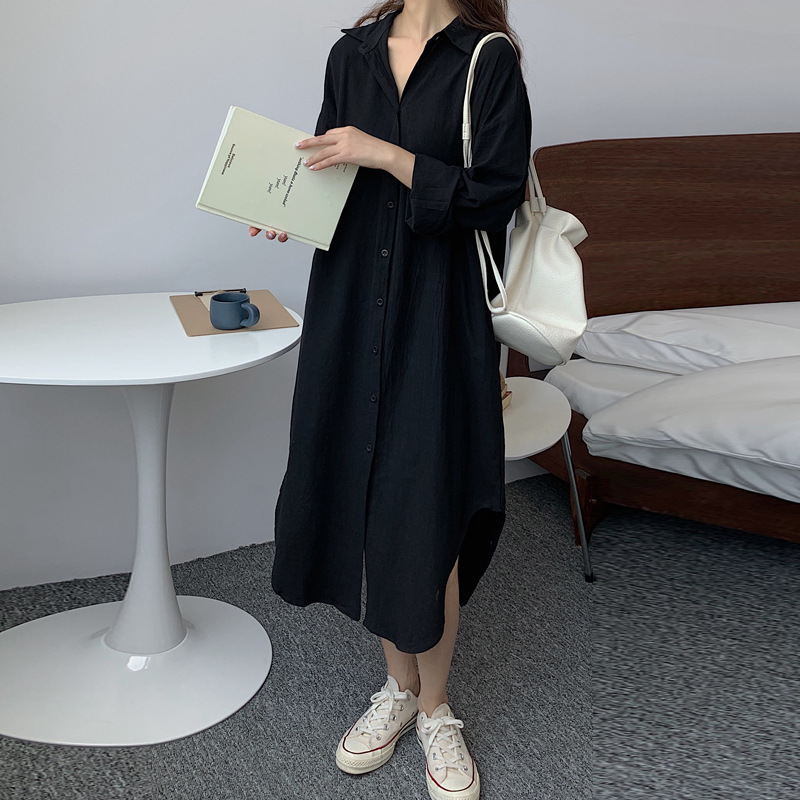 Cross-border South Korea Lazy Style All-match Simple Long Over-the-knee Shirt Solid Color Lapel Cardigan Shirt Sunscreen Air-conditioning Shirt