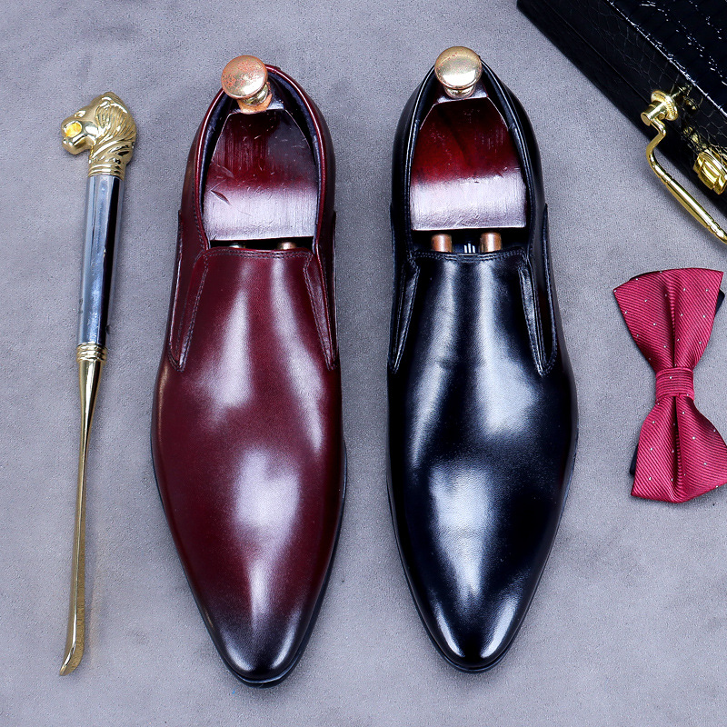 Top layer cowhide shoes men's business formal wear men's shoes British pointed leather shoes slip-on leather one-piece delivery