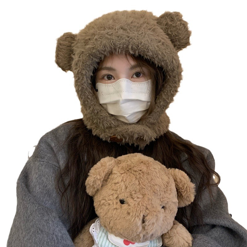 Cute thickened plush bear hat for women, autumn and winter Korean style warm ear protection hat for cycling, cold-proof Lei Feng hat, student trend