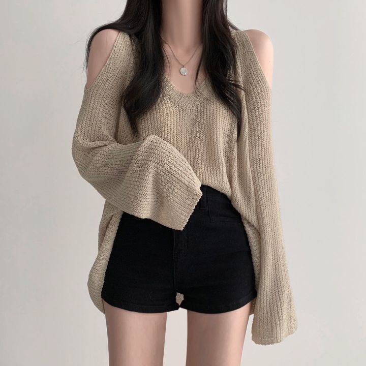South Korea chic elegant V-neck off-shoulder loose lazy versatile casual sun protection solid color long sleeve sweater women's top_voghion.com