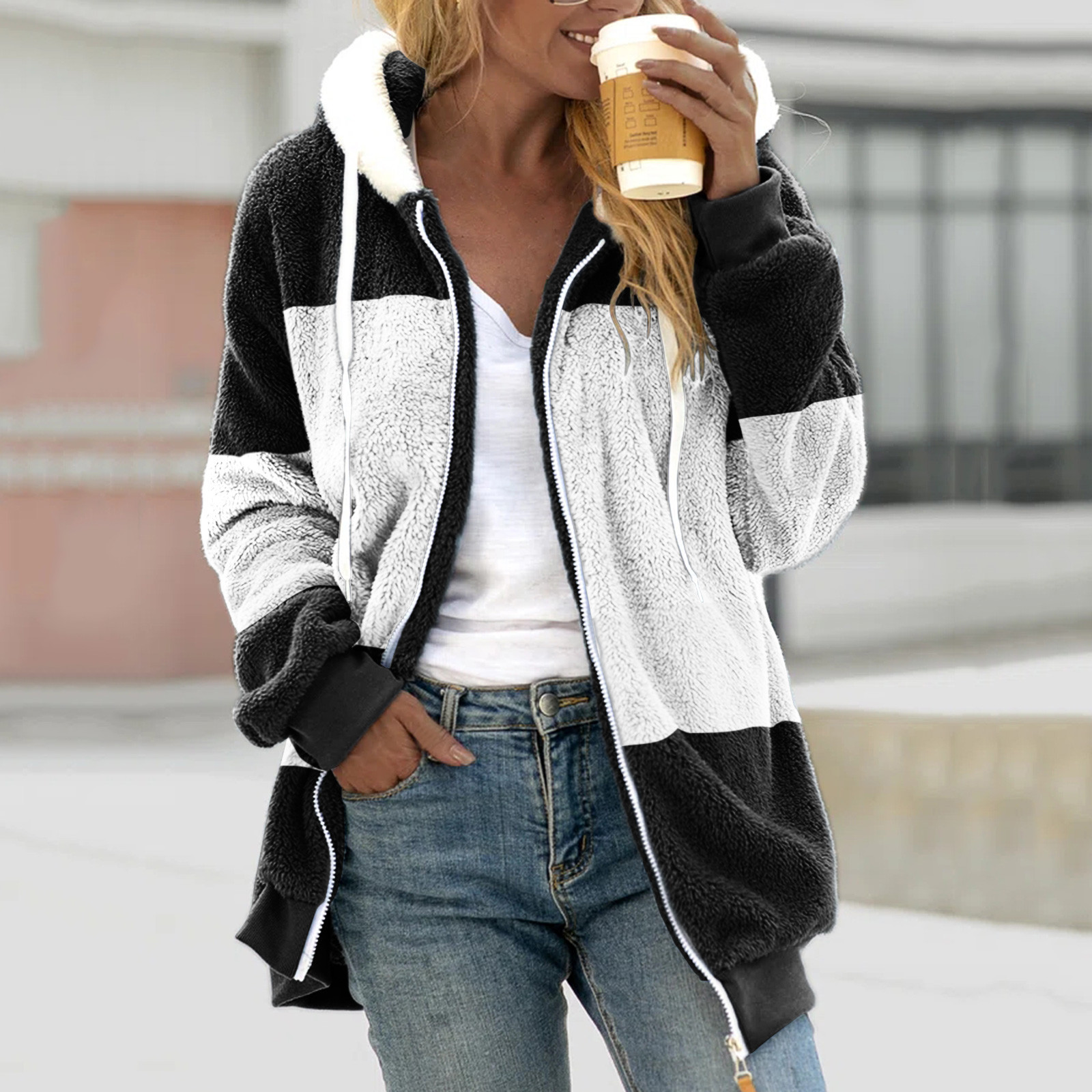 wish independent station 2021 Amazon hot sale new autumn and winter loose plush multi-color stitching hooded coat for women