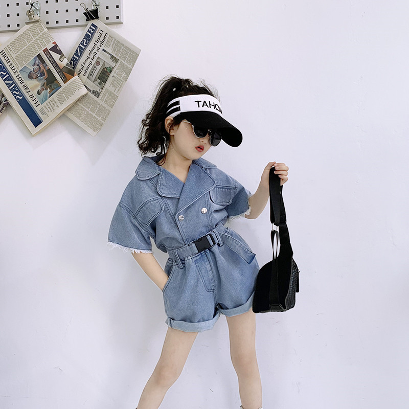 女童套裝短款牛仔西服上衣加短褲2024夏裝新款外貿童裝代發3-8歲