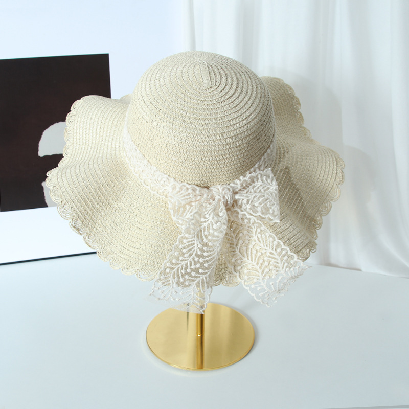 Straw Hat Women's Korean-style Lace Bow Big Brim Foldable Sun Protection Sunhat Seaside Beach Sweet Fisherman Hat