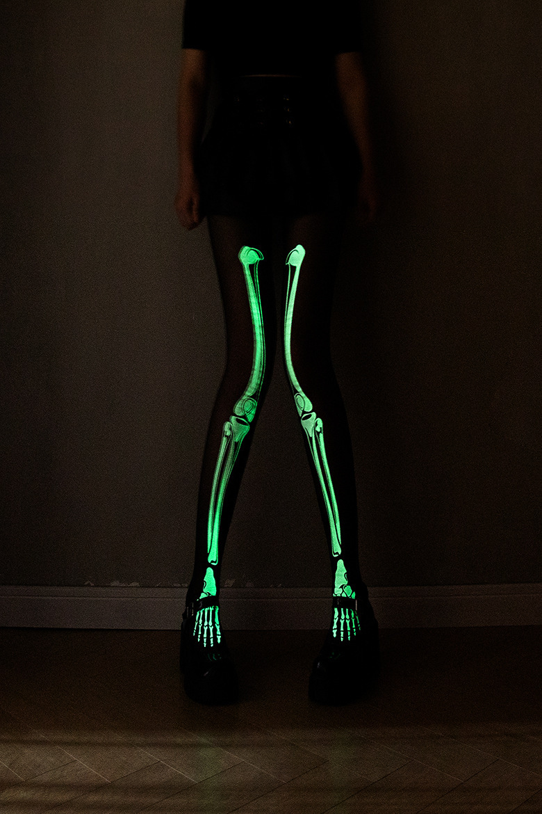 Luminous white bone stockings disco Halloween hot sale props pantyhose black luminous skull skeleton socks_voghion.com