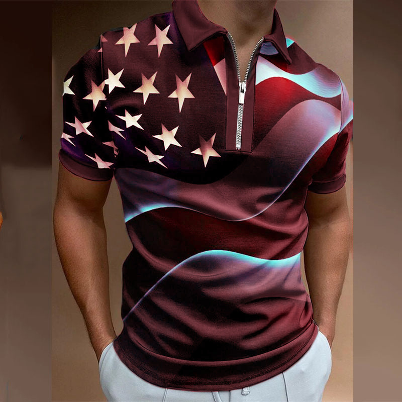 Cross-border 2023 Independent station spring and summer AliExpress Amazon new 3D printed short sleeve polo shirt zipper men's T-shirt