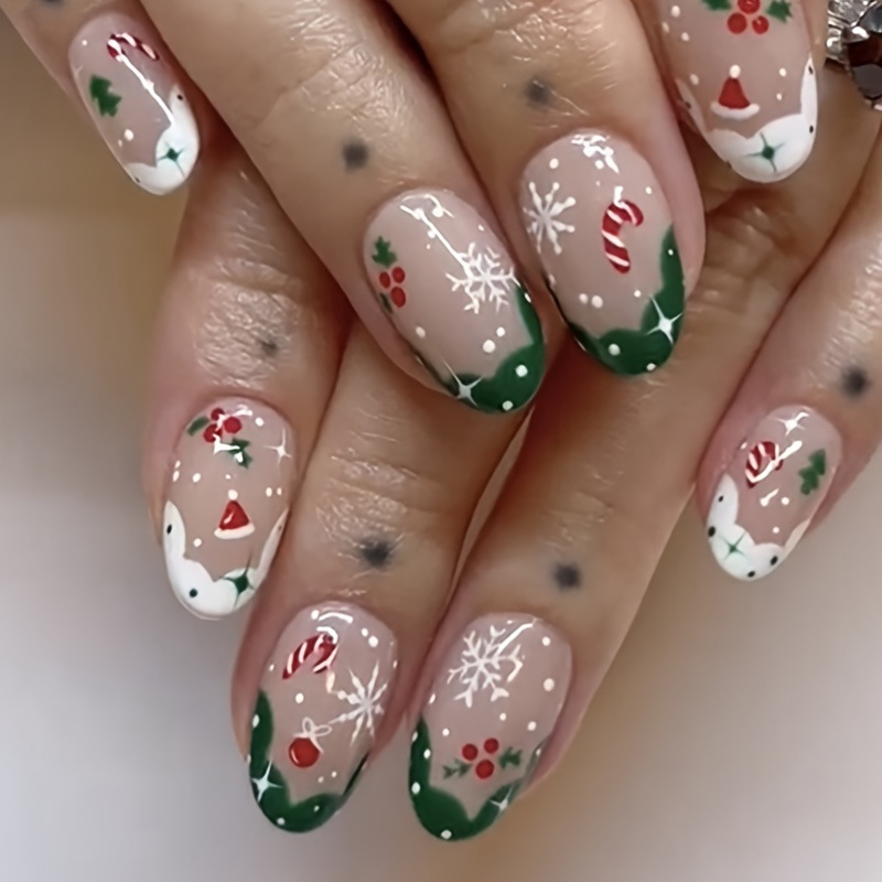 Short Christmas short round nail beauty piece Christmas gift snowflake sweet cool wear nail contrast color nails 24 pieces_voghion.com