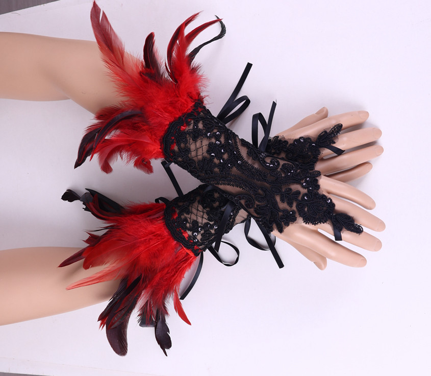  Cross-border Halloween Feather Hook Gloves Party Ball Black Lace Bracelet Sleeve Accessories_voghion.com