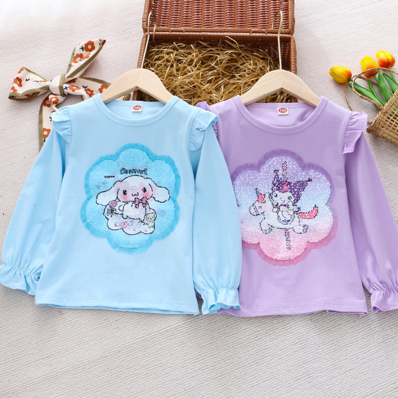 2024 children's clothing spring new girls' T-shirt long-sleeved bottoming shirt puff sleeve color-changing sequined top one-piece delivery