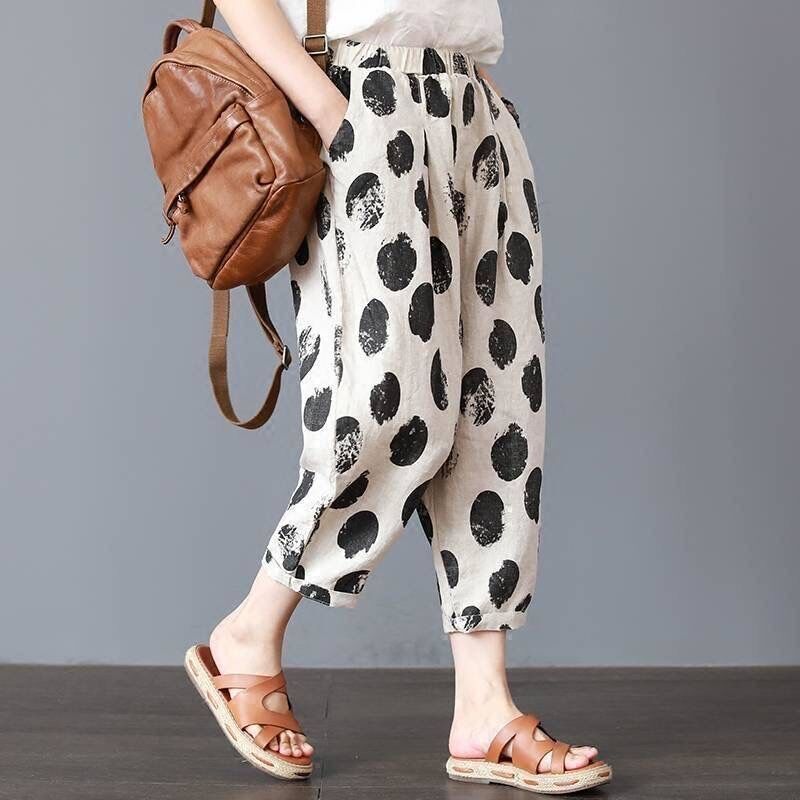 New Cotton Harlan Pants Thin Breathable Artistic Retro Fashion Cotton Linen Cropped Pocket Summer Loose Printed Cotton Pants Large Size