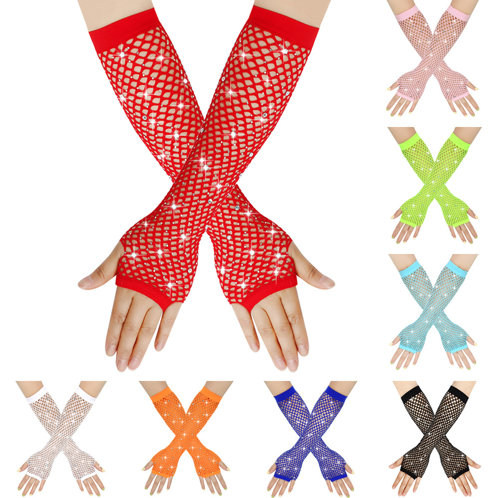 80 Ball Diamond Gloves Party Fishing Net Stretch Mesh Gloves European and American Retro Cross-border Sexy Hot Drilling Gloves_voghion.com