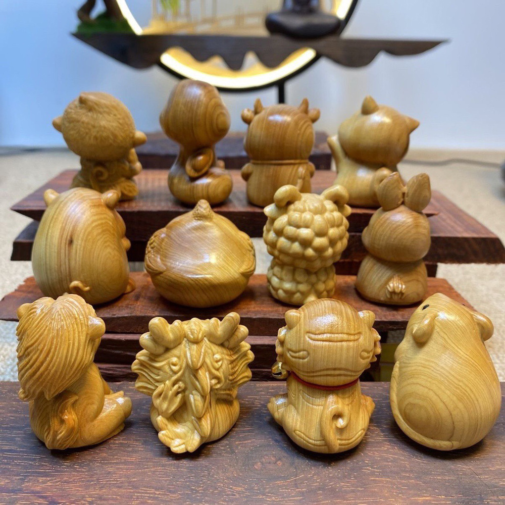 Thuja Cartoon Chinese Zodiac Handlehold Wooden Carving Pendant Cultural Play Crafts Scenic Spot Stall Hot Selling Solid Wood Ornaments