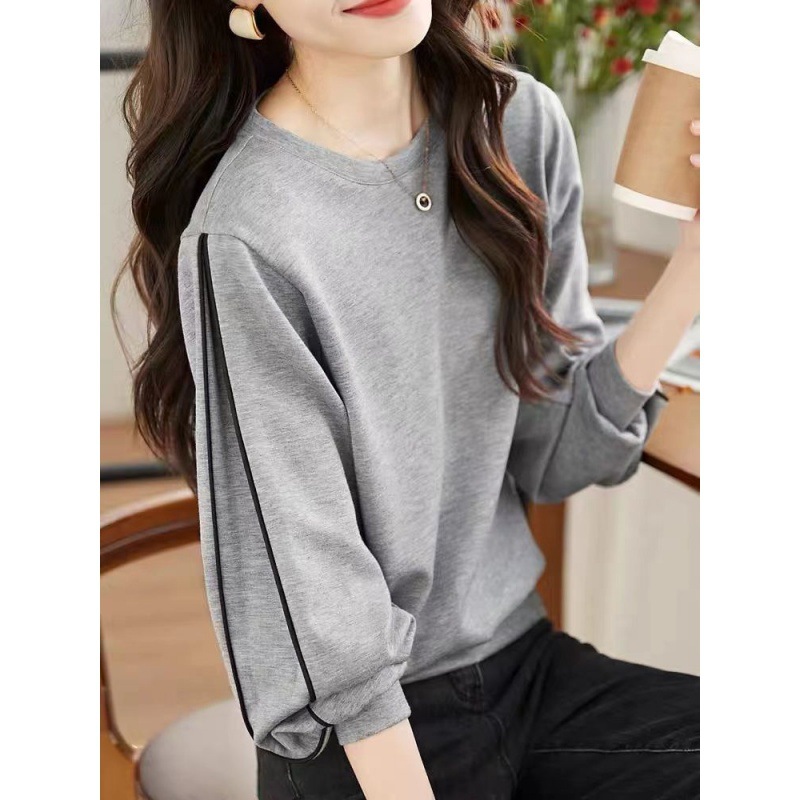 Plus size simple texture sweater women's loose 2022 autumn new contrast color stitching long sleeve all-match T-shirt top