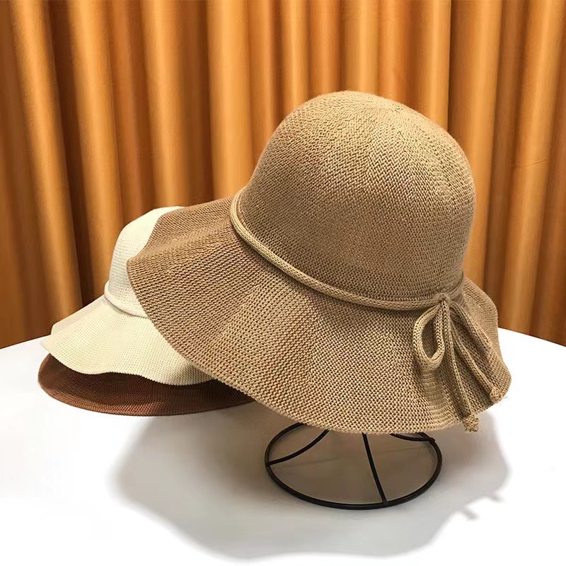 Summer Woven Bow Ruffled Fisherman Hat Hollow Breathable Straw Woven Seaside Vacation Anti-UV Sun Hat