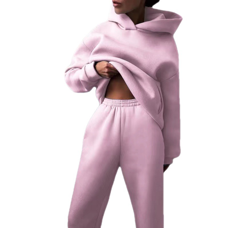 European and American Autumn and Winter Loose Fleece-Lined Thickened Women's Suit Sports Leisure Fashion Solid Color Hooded Sweater Tut Pants Suit