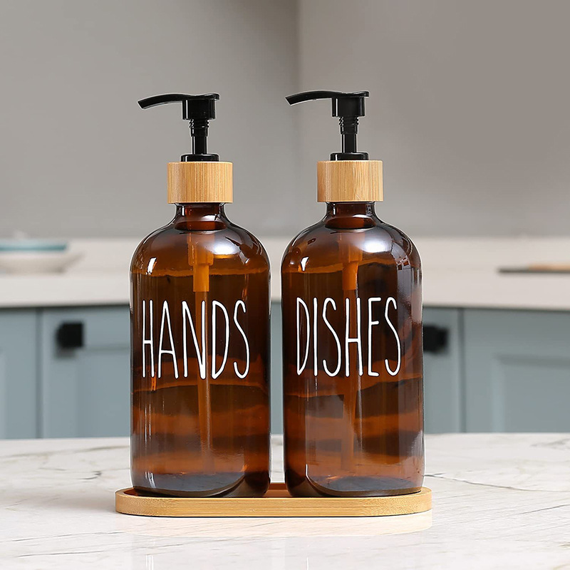 Custom Cross-border Amazon Body Soap Bamboo and Wood Pump Head Bottle Black and White Boston Brown Hand Soap Shampoo Bottle