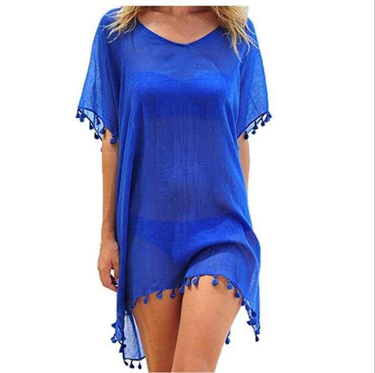 Amazon European and American Cross-border Summer Women's Foreign Trade Round Neck Chiffon Tassel Dress Large Size Loose Beach Blouse