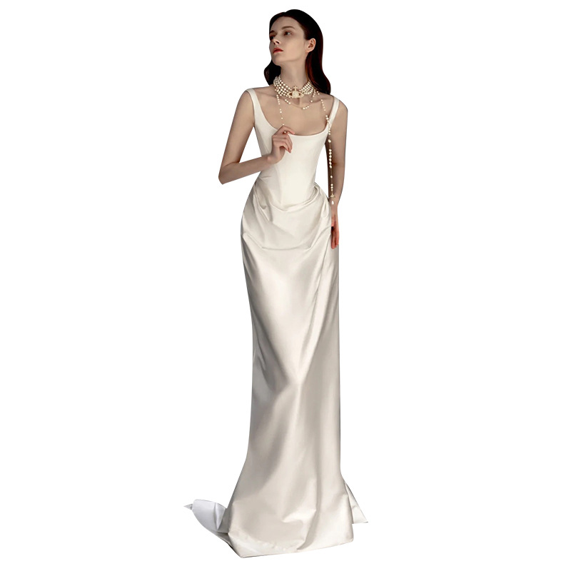 Foreign trade satin light wedding dress 2025 new vintage simple out-of-house yarn small tail suspender dress evening dress wholesale