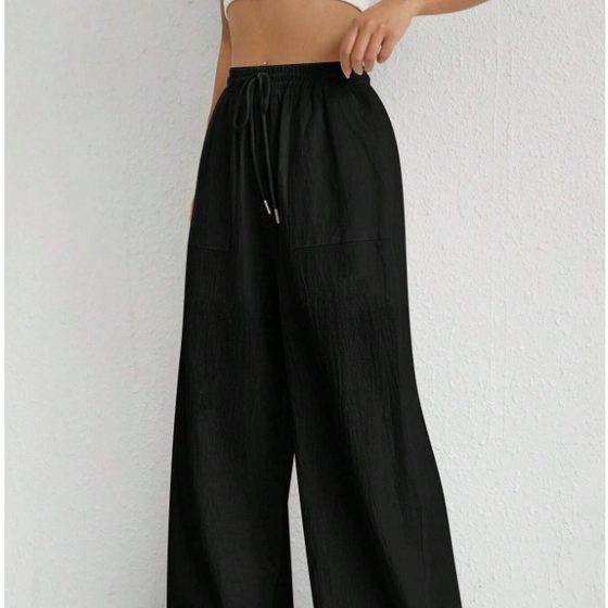 Amazon cross-border foreign trade European and American new women's casual solid color drawstring straight micro-pull pocket casual pants
