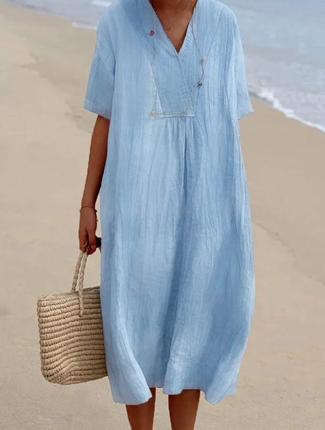 2024 Amazon Explosions Cotton and Linen in stock Women's Solid Color Large V-Collar Fashion dress