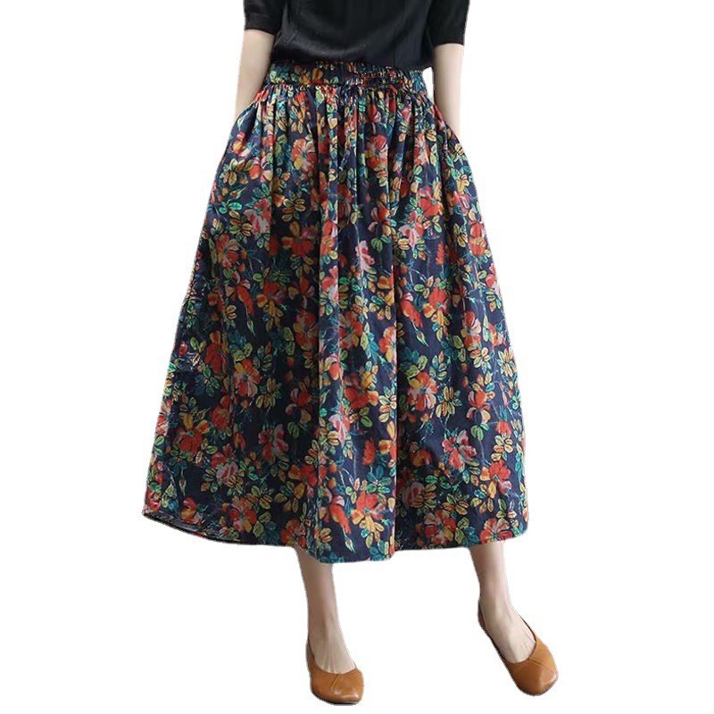 Summer Ethnic Cotton and Linen Floral Skirt 2024 New Women's Clothing Middle-aged and Elderly Large Size Korean Style Long Skirt for Mother