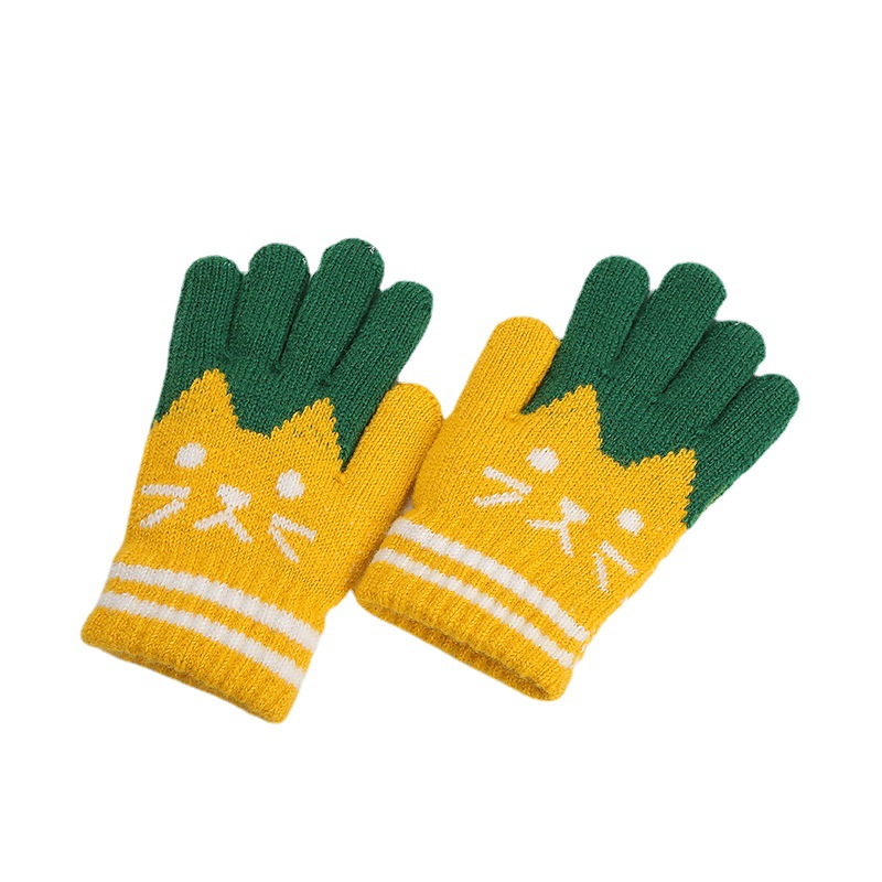 Winter boys and girls students and children cute cat plus velvet padded warm knitted cashmere gloves factory wholesale