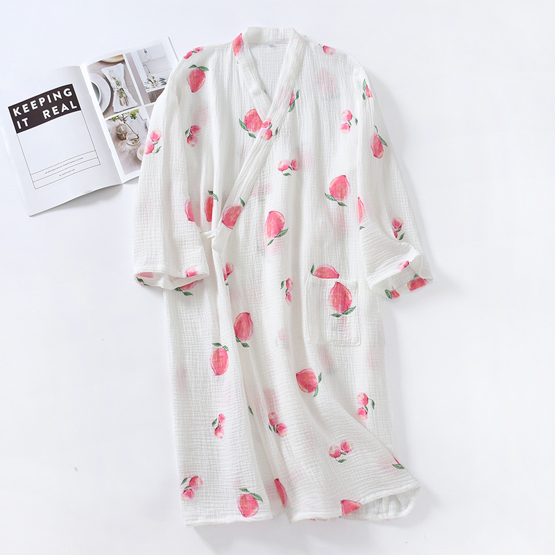 MUJI-style Fresh Japanese Style Pure Cotton Washed Gauze Long Kimono Nightgown Nightgown Cardigan Lace-up Bathrobe Sweatshirt