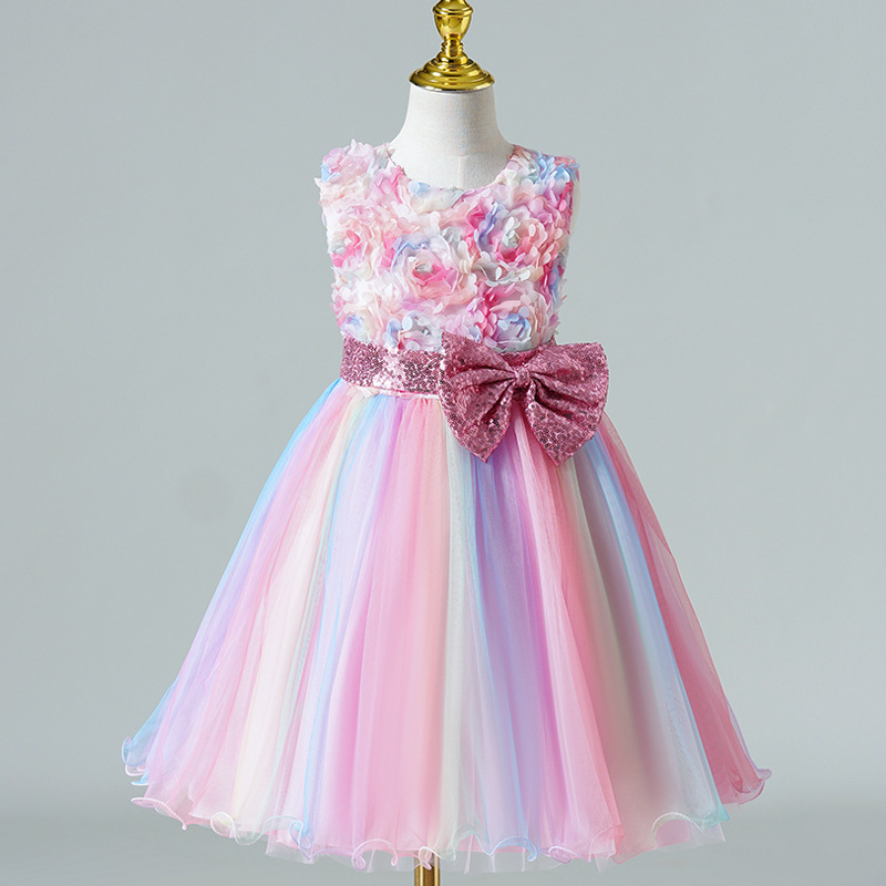 歐美兒童禮服裙花童彩虹玫瑰公主裙小女孩生日宴會晚禮服連衣裙夏
