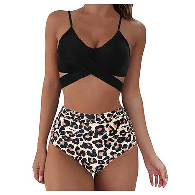 European and American Explosions Leopard Print Cross High Waist Split Two-Piece Sexy BIKINI Swimsuit Women's Source Factory Direct Supply