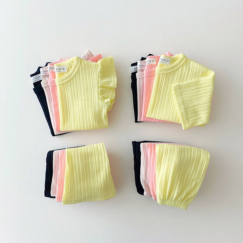 Korean version of baby and young children's clothing cool thin flying sleeve t-shirt + bell-bottom pants fashion Princess suit baby home clothes two pieces
