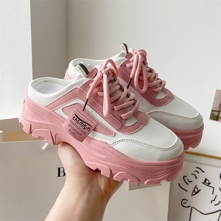 2023 spring and summer new platform soft bottom color matching lace-up women's shoes casual sports closed toe half slippers women Wholesale